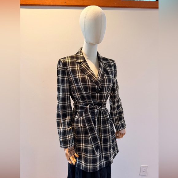 LE SUIT TRENCH-STYLE ELONGATED BELTED 90’S B&W PLAID JACKET SHOULDER PADS LINED - Picture 14 of 16